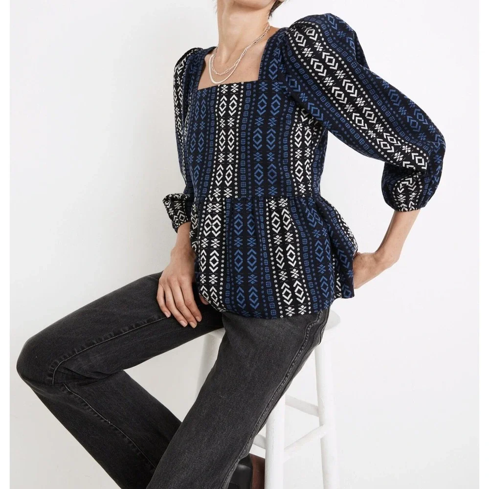 Madewell Lightspun Millbrook Puff Sleeve Peplum Top XL Blue Geo Square Neck